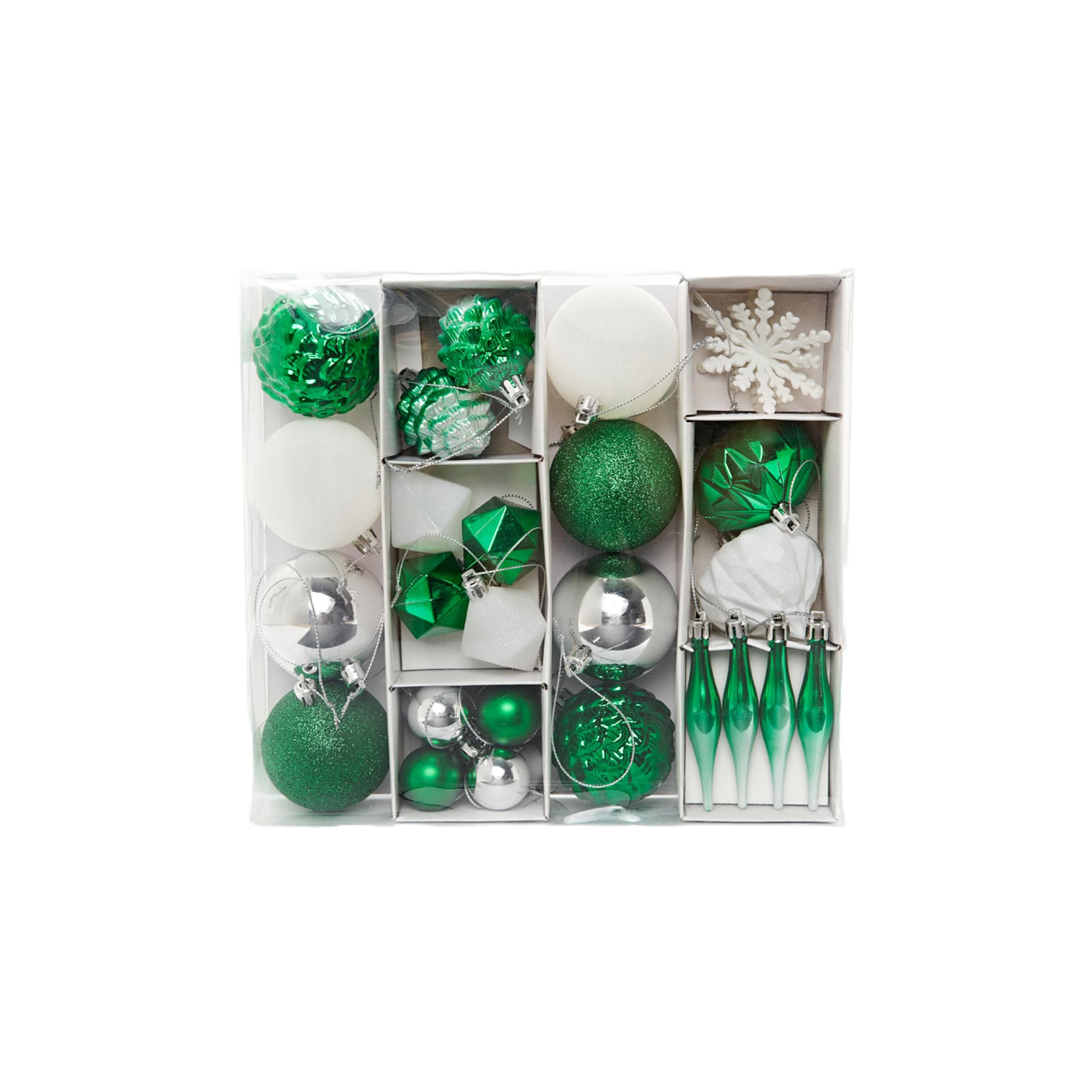 HEITMANN DECO Set of 29 Christmas Tree Baubles, Christmas Decorations Green Silver White for Hanging, Plastic Christmas Tree Decoration