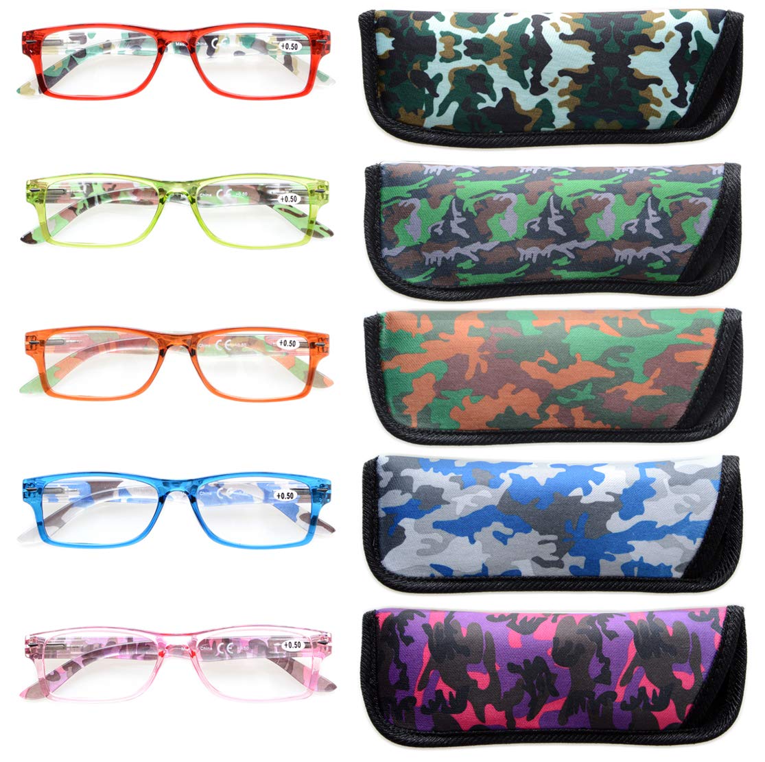 CessBlu Ladies Reading Glasses 5 Pairs Reader Eyeglasses for Women Reading Camouflage-look Temples +2.0