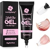 Luckyfairy Gel Nail Glue for Nail Tips, Soft Solid Nail Glue, Cured Needed, 15ml Soak Off Adhesive Bonding for Clear Acrylic Nails Fake Nails Extension, Not for Press-on