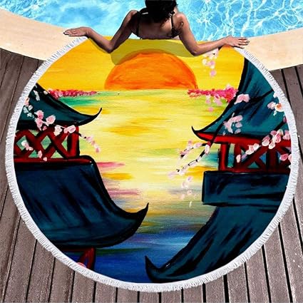Jeté De Plage Japonais Tempel Rose Sakura Motif Paysage Avec Pompon Inspiré Artisanat De Plage Serviette De Plage Franse Roundie Taille