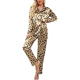 Ekouaer Womens Satin Pajama Set Classic Pattern Silky Pj Sets Button Down Sleepwear Loungewear