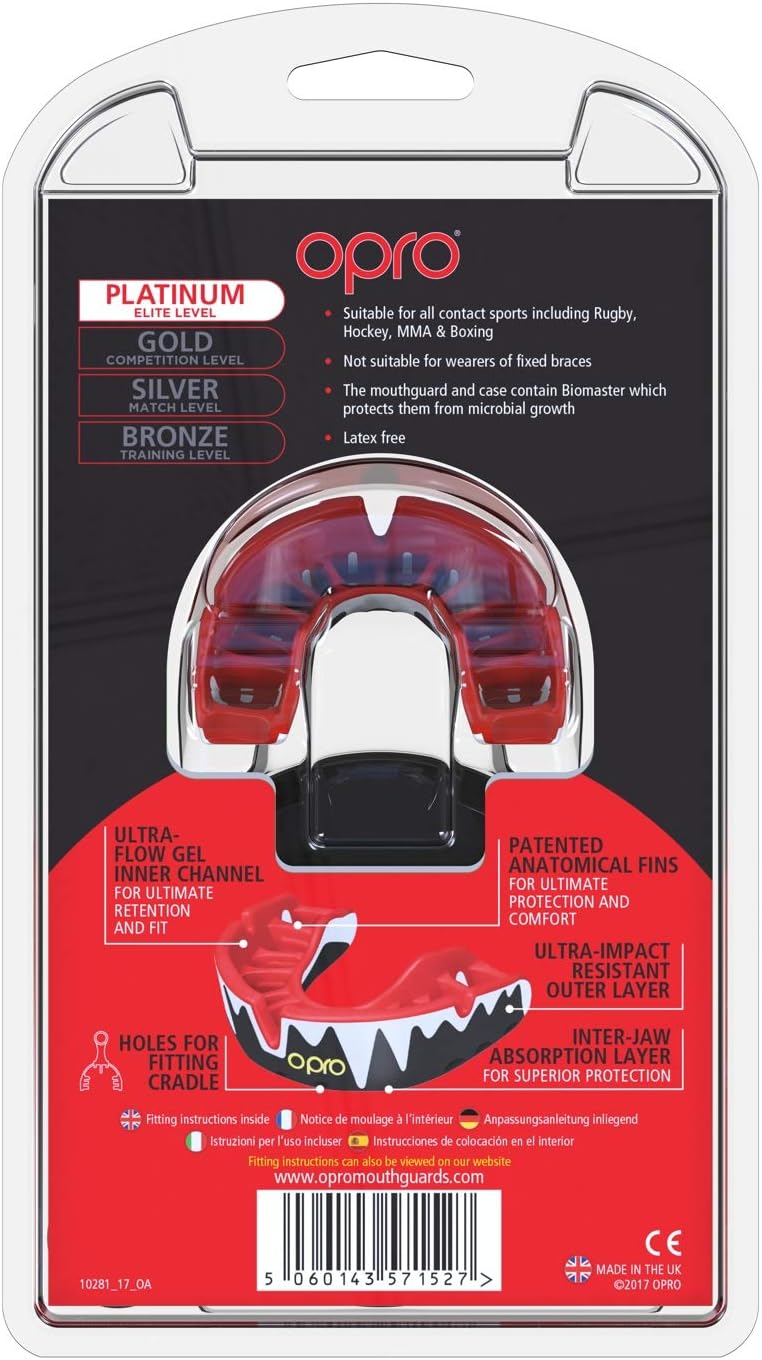 OPRO Platinum Level Mouthguard | Gum Shield for Rugby, Hockey, Boxing, and Other Contact Sports - 18 Month Dental Warranty (Black/Red/White) : Sports & Outdoors
