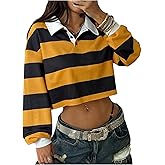 RoseSeek Women's Striped Golf Shirts Long Sleeve Button Collared Cropped T Shirts Preppy Rugby Shirt