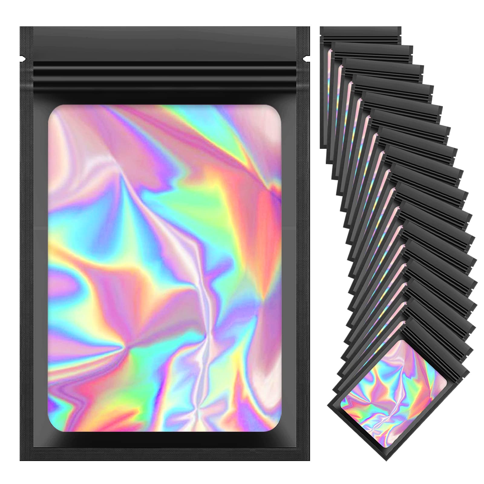 Photo 1 of 100 Pieces Resealable Mylar Bags, Small Holographic Packaging Bags, Smell Proof Mylar Bags for Food Storage/Jewelry/Eyelash for Small Business (Black, 5.5x7.8 Inch)