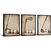 Kalormore 3 Pieces Framed Vintage Golf Picture for Wall Vintage Sports Canvas Wall Art Rustic Golf Balls Picture Art Prints
