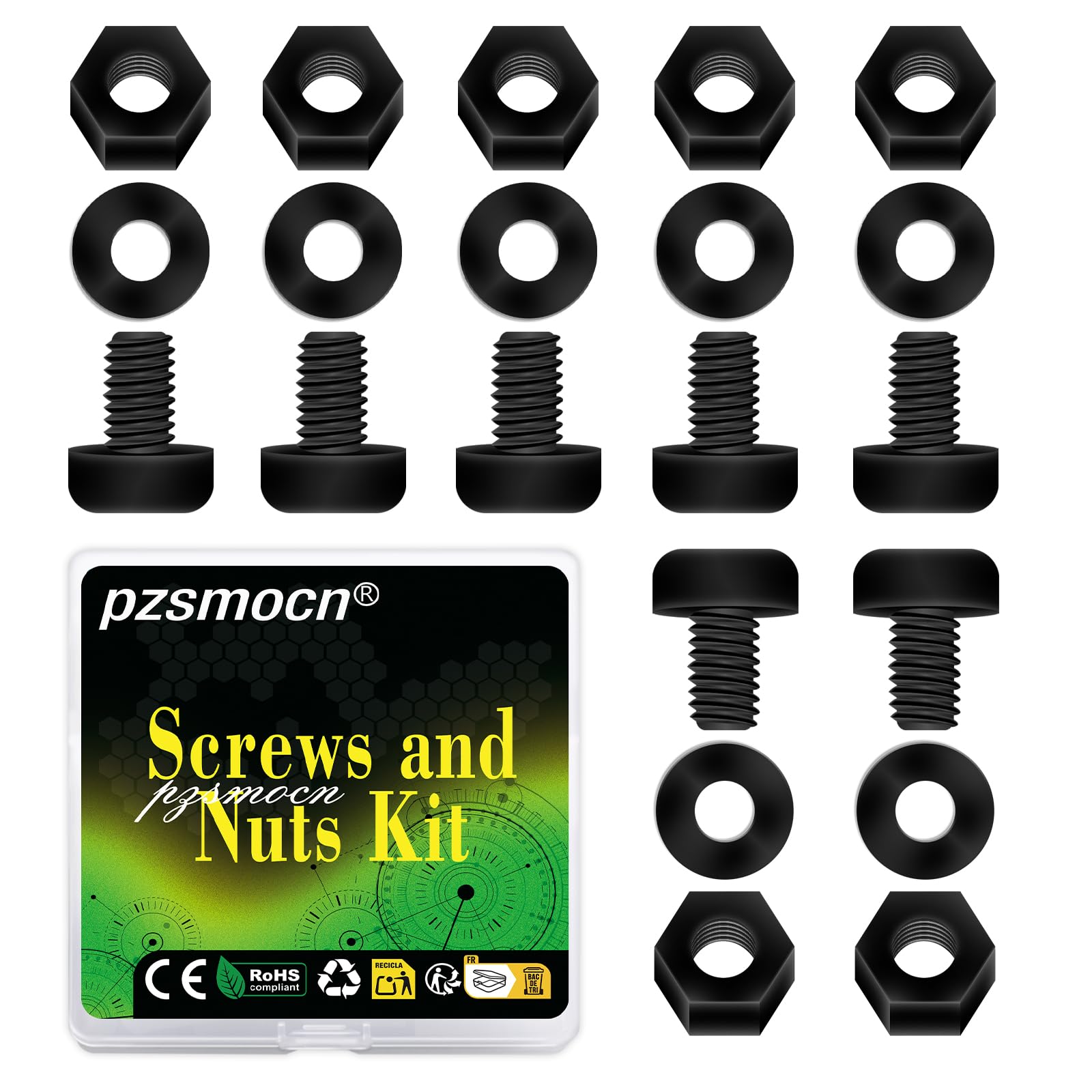Pzsmocn 300 Pieces/100 Sets M2.5 * 4 mm Plastic Black Nylon Cross Round Head Screw Hexagonal Nut Combination Kit, with Insulating Washers, Standard Size, For DIY and Electronic Assembly.