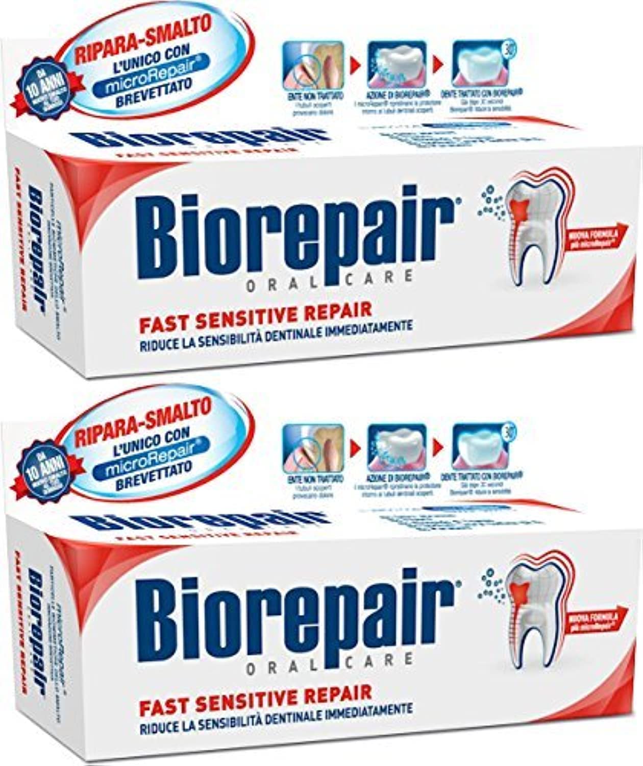 Biorepair:"Fast Sensitive Repair" Toothpaste with microRepair, New Formula - 2.5 Fluid Ounce (75ml) Tubes (Pack of 2) [ It...