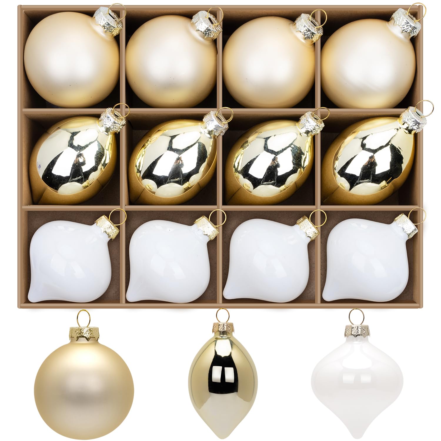 Photo 1 of 12 Pcs Gold Glass Christmas Ball Ornaments Set, Assorted Hanging Baubles for Christmas Tree, Vintage Blown Gold Decorations for Winter Holiday Xmas Tree Decor