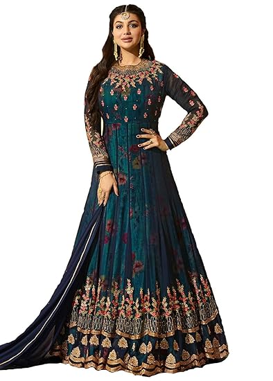 Womens Georgette Anarkali Suit (YF-162, Blue , Free Size)
