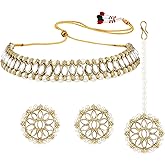 Aheli Traditional Kundan Choker Necklace Round Stud Earring & Maang Tikka Ethnic Bharatanatyam jewellery set Gift for Women