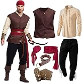 UFLJPKS 7PCS Mens Pirate Costume Renaissance Costume Outfit Medieval Costume Viking Pirate Accessories Vest Shirts Pants Belt