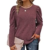 ROSRISS Womens Plus-Size Tops Crewneck Puff Long Sleeve Shirts Dressy Ribbed Knit Tunics Elegant Pullover Sweaters XL-5XL