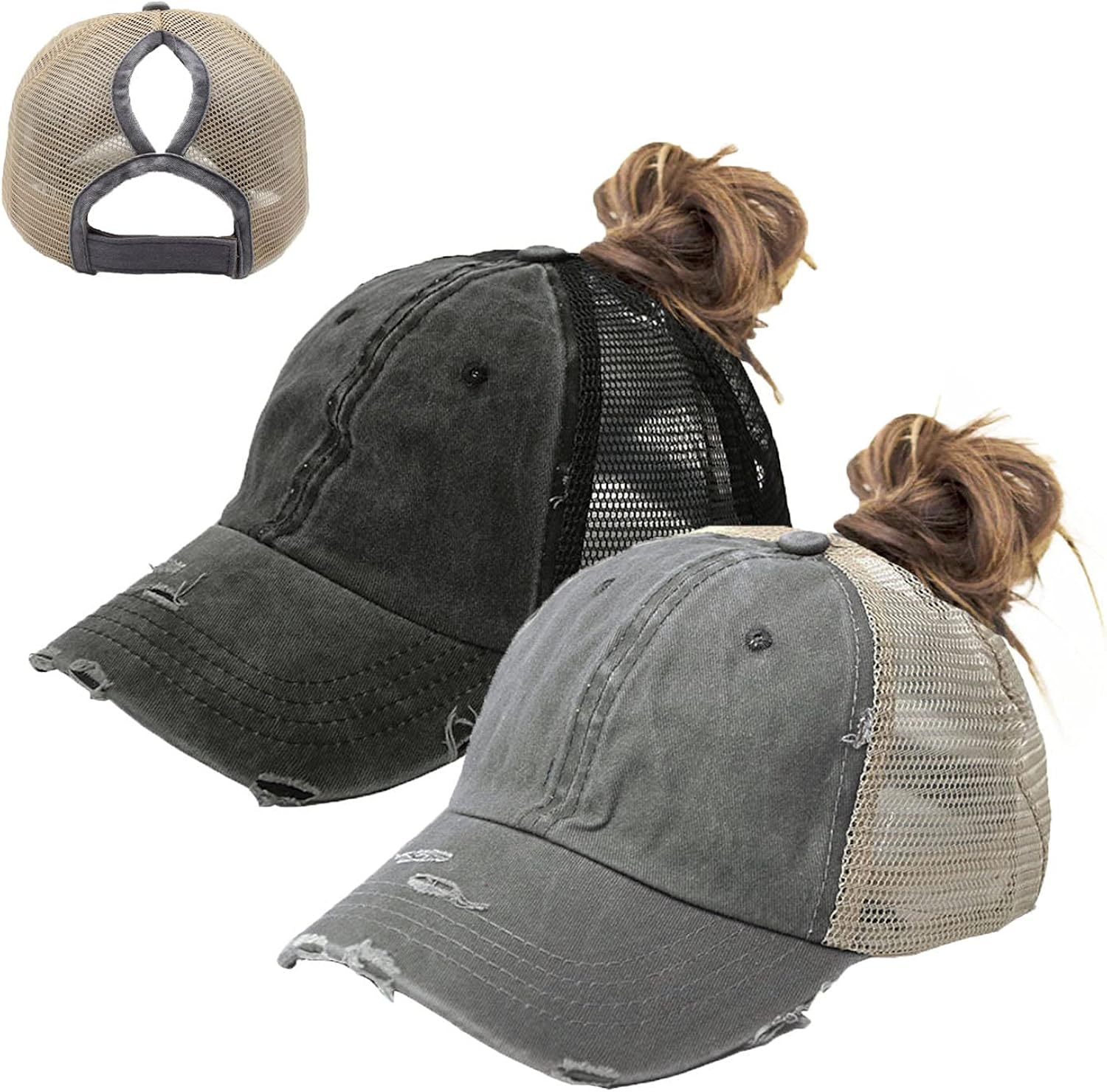 Women CrissCross Washed PonytailHat Mesh Baseball Cap High Bun