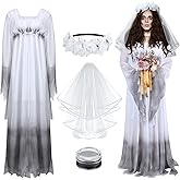Mepase Halloween Women Gossamer Ghost Costume Gothic Victorian Fancy Dress White Flower Headband Veil and Face Body Paint for Dress up Cosplay Makeup Party