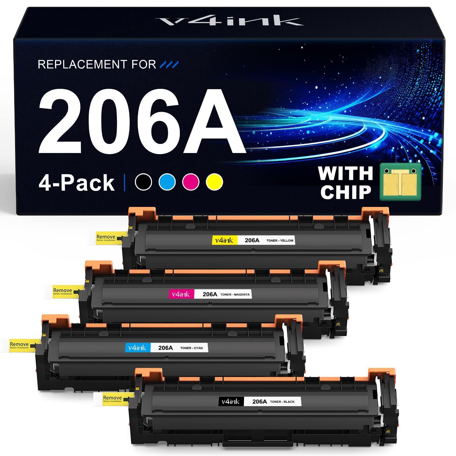 Photo 1 of 206A Toner Cartridge 4 Pack (Latest Upgraded Chip) Compatible Replacement for HP 206A 206X W2110A W2111A W2113A W2112A use with HP Color Pro M255 M255dw MFP M283fdw M283cdw M283 M282nw Printer