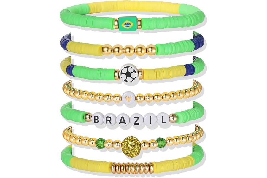 Poasrelax World Soccer Game-day Cup Bracelet Stack Set 7pcs Softball/Baseball/Basketball/Soccer/Volleyball/Tennis/Football Stretch Sports Fans Jewelry Sports Beaded Bracelets with Charms