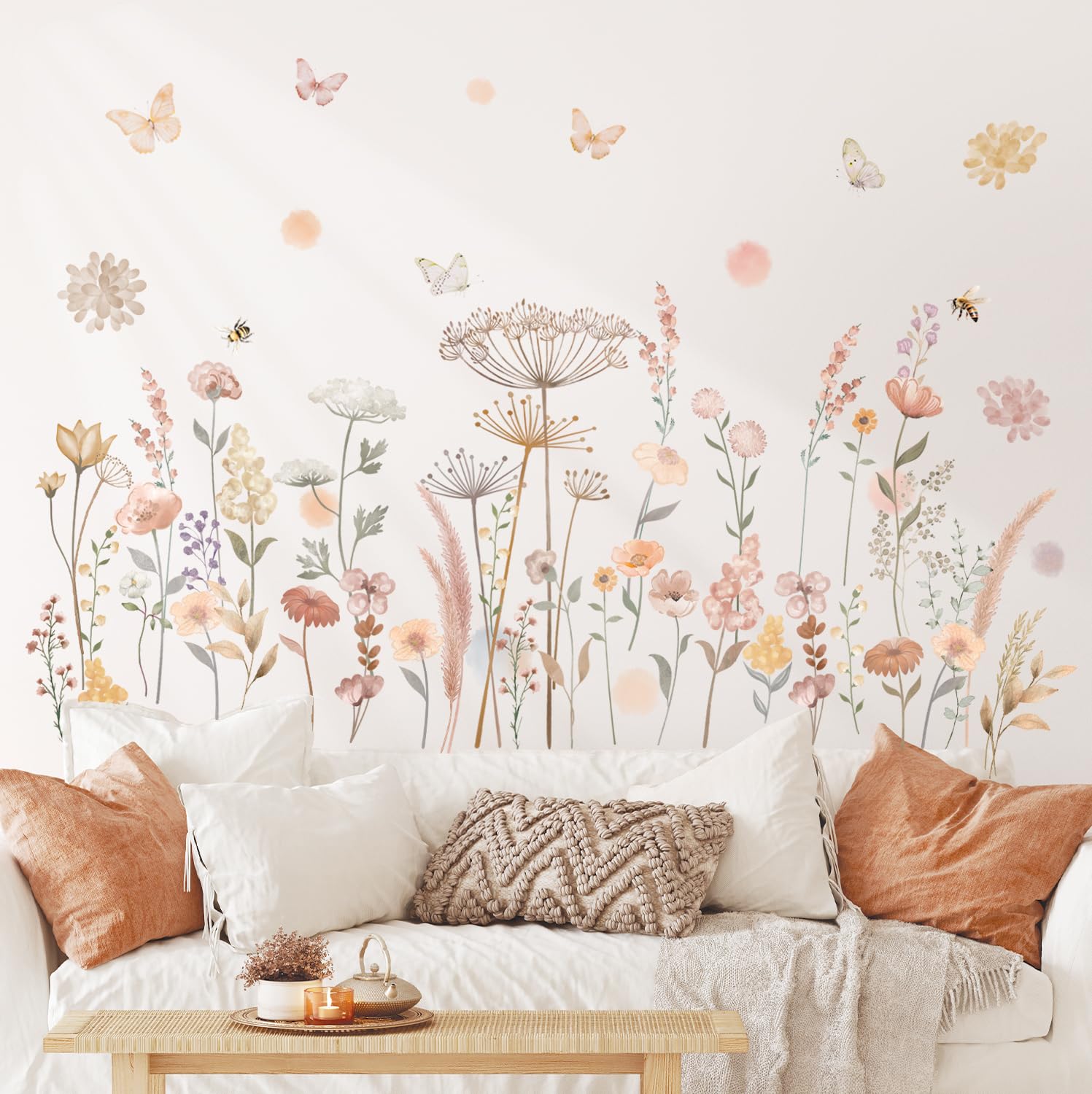 DECOWALL Boho Floral Wildflower Wall Stickers – DIY Peel & Stick Flower Vine Wall Art for Nursery, Bedroom & Living Room (SG2-2421)