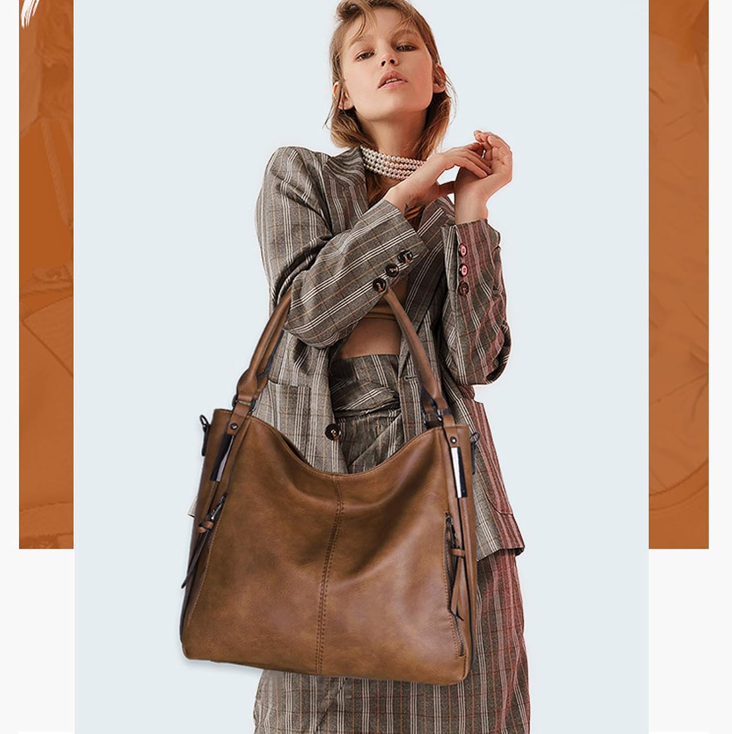 NICOLE & DORIS Fashion Hobo Bag Soft Leather Handbags for Women Shoulder Bag Multiple Pocket Tote Bag Large Crossbody Bags for Work School Travel Brown - Image 3