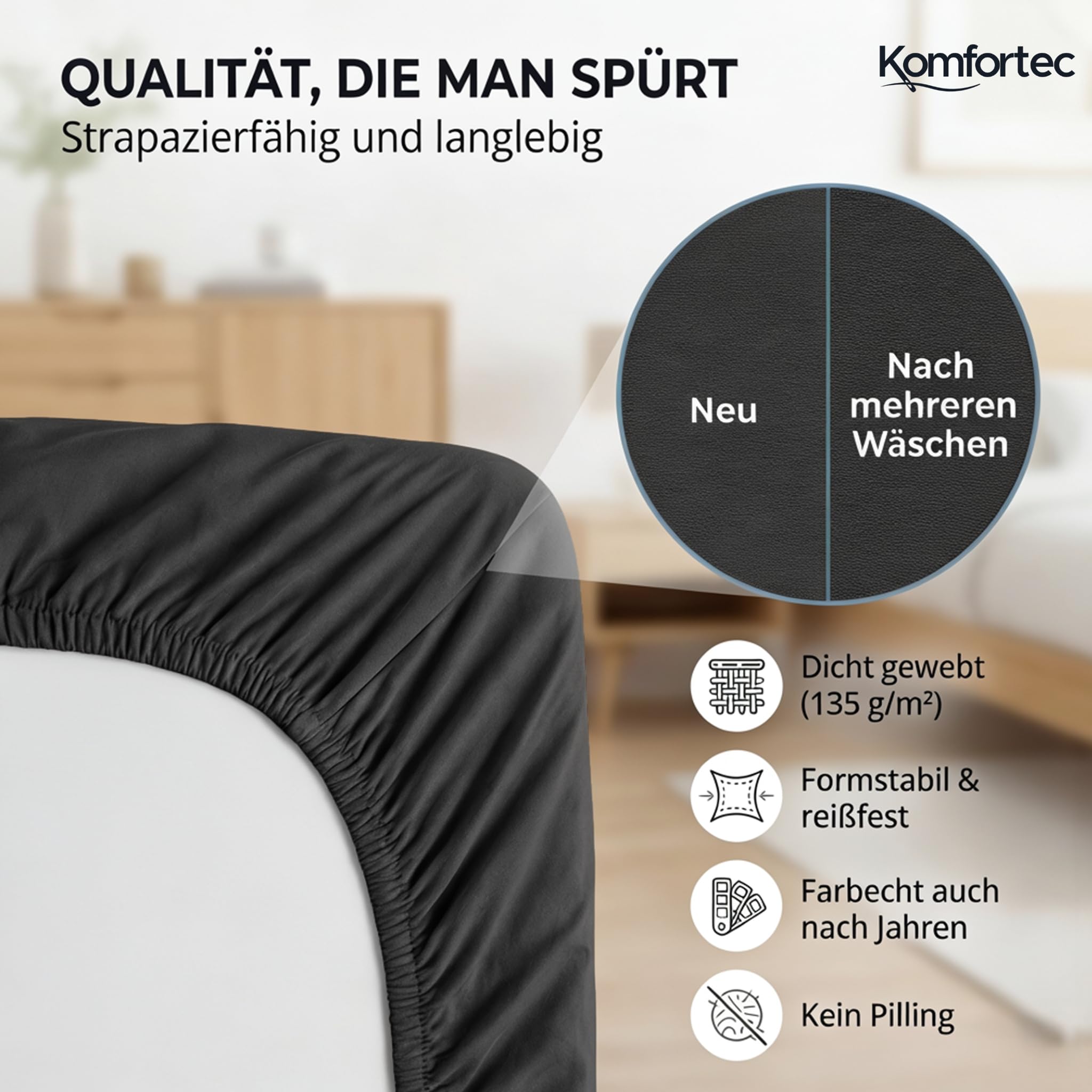 Komfortec Spannbettlaken Jersey 100% Baumwolle – 140x200 cm – 135g/m² – Weich, Atmungsaktiv & Hautfreundlich – Mit Rundumgummi – Oeko-Tex Zertifiziert – Für Boxspring, Topper & Matratzen – Anthrazit 5