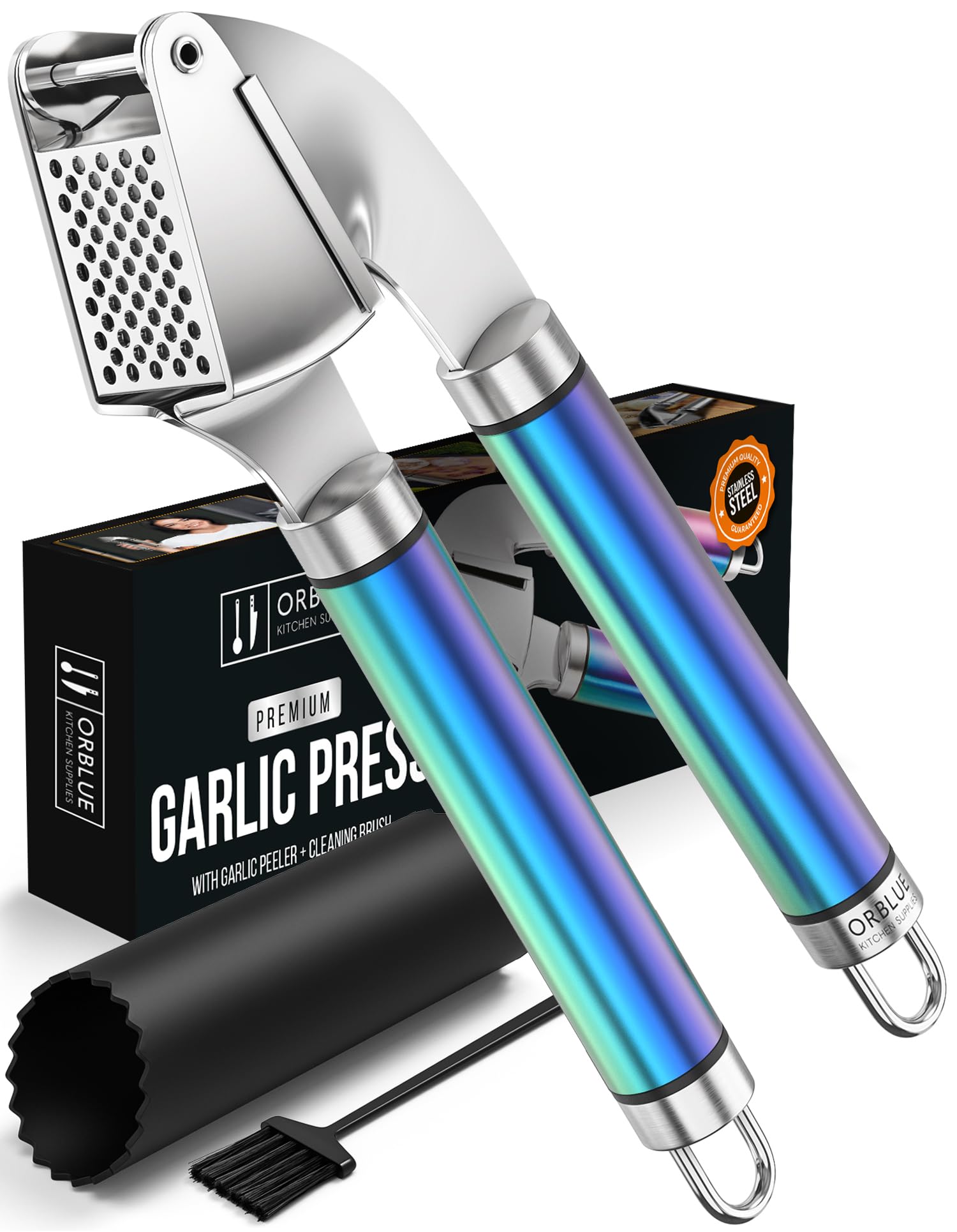 ORBLUE Garlic Press, Stainless Steel Garlic Crusher and Mincer with Peeler Set – Premium Grade, Dishwasher Safe, Rust-Proof, Multi-Colored