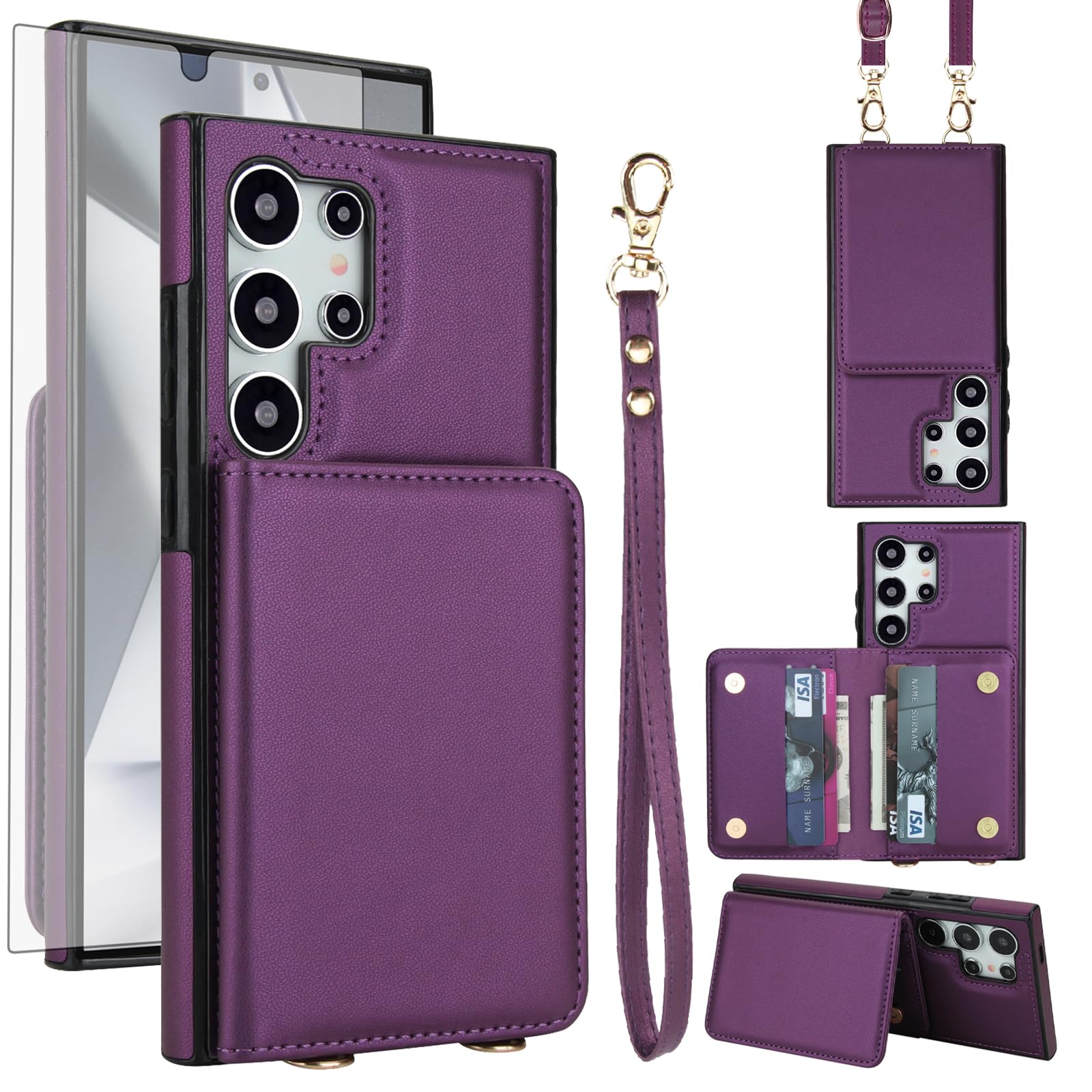 Photo 1 of Asuwish Phone Case for Samsung Galaxy S24 Ultra 5G Wallet Cell Cover with Tempered Glass Screen Protector Wrist Crossbody Strap RFID Blocking Card Holder S24Ultra 24S S 24 24Ultra Women Dark Purple