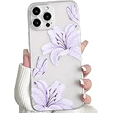 NITITOP Compatible with iPhone 13 Pro Max Case Clear Cute Butterfly Lily Flower Floral Pattern for Women Girls Full Camera Lens Clear Slim Shockproof Protective Phone Cover - Light Purple