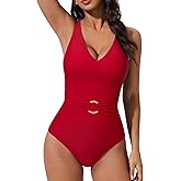 SUUKSESS Women Retro One Piece Swimsuit Metal Tummy Control V Neck Bathing Suit