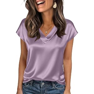 Summer Tops for Women Silk Satin Short Sleeve Blouses Solid V Neck Dressy Shirts Business Casual Loose Outfits