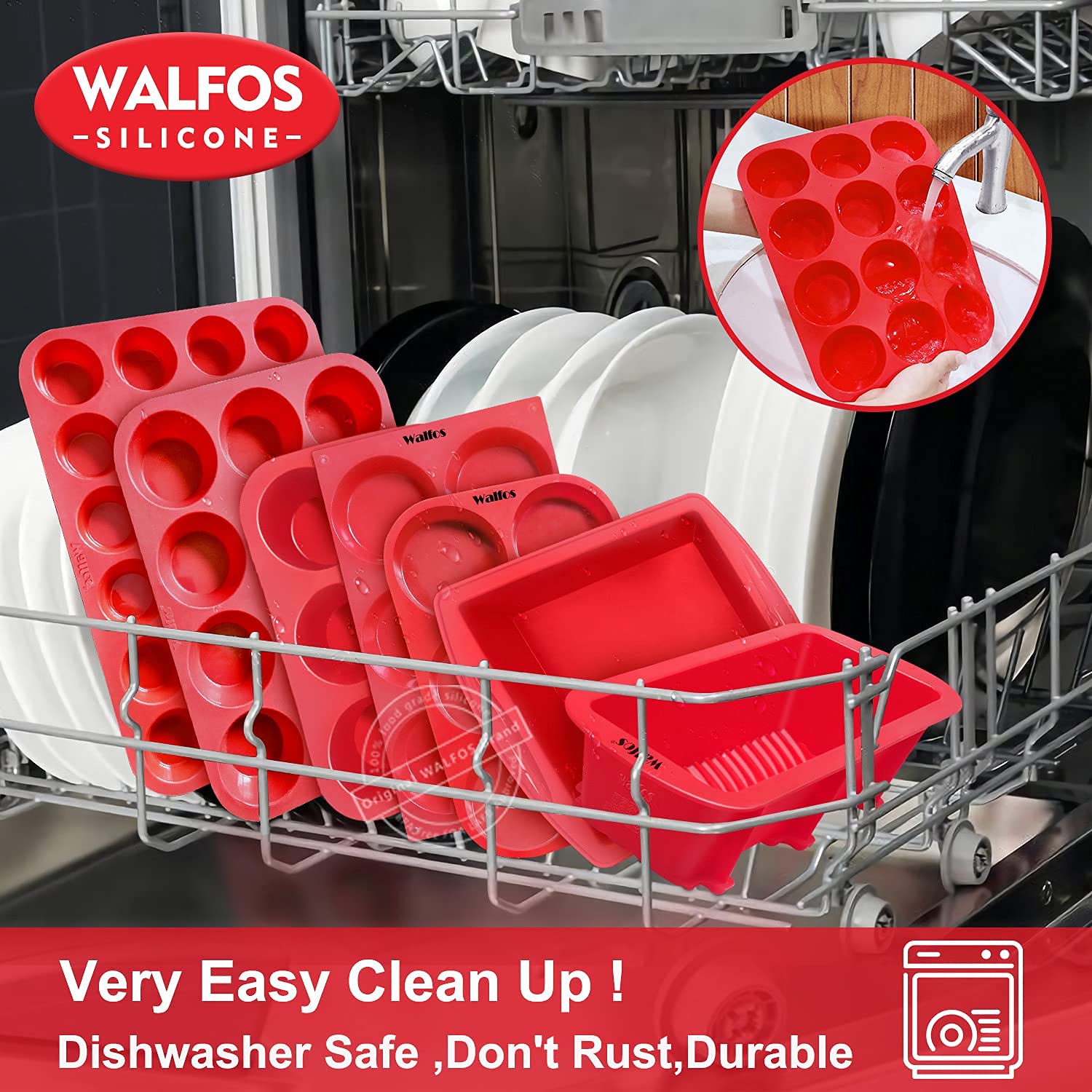 Walfos Silicone Texas Muffin Pan Set- 6 Cup Jumbo Silicone Cupcake Pan, Non-Stick, Just PoP Out! Perfect for Egg Muffin, Big Cupcake - BPA Free and Dishwasher Safe, Set of 2