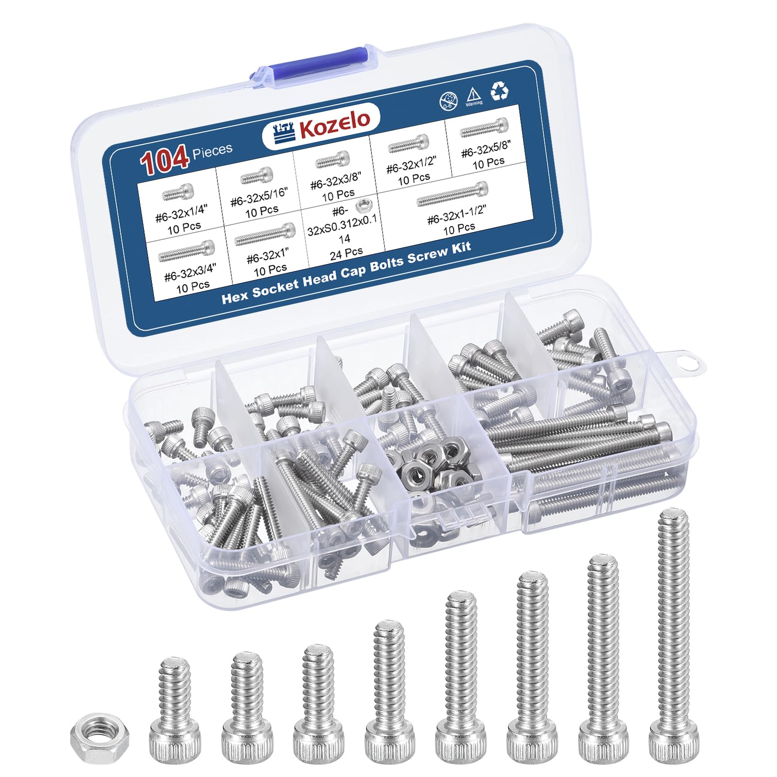 Kozelo 104pcs #6-32 Socket Head Cap Screws Bolts Nuts Assortment Kit - [1/4" to 1-1/2"] 304 Stainless Steel Allen Socket Drive for 3D Printer — image 1