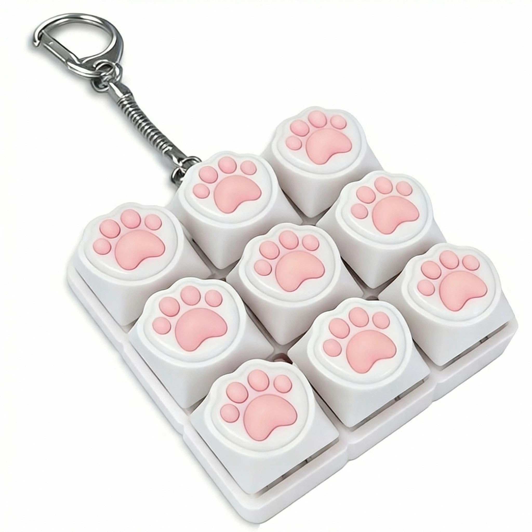 Keyboard Fidget Toy,Pink Cat Paw Fidget Toy Portable Fidget Keyboard Keychain with 9 Button,Clicker Keyboard Fidget Toy for Adults & Kids Birthday Gifts (White)