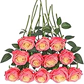 Tifuly Pink Roses Artificial Flowers -12 pcs Realistic Single Long Stem Fake Silk Roses Bouquet for Party Home Wedding Centerpiece Office DIY Decor