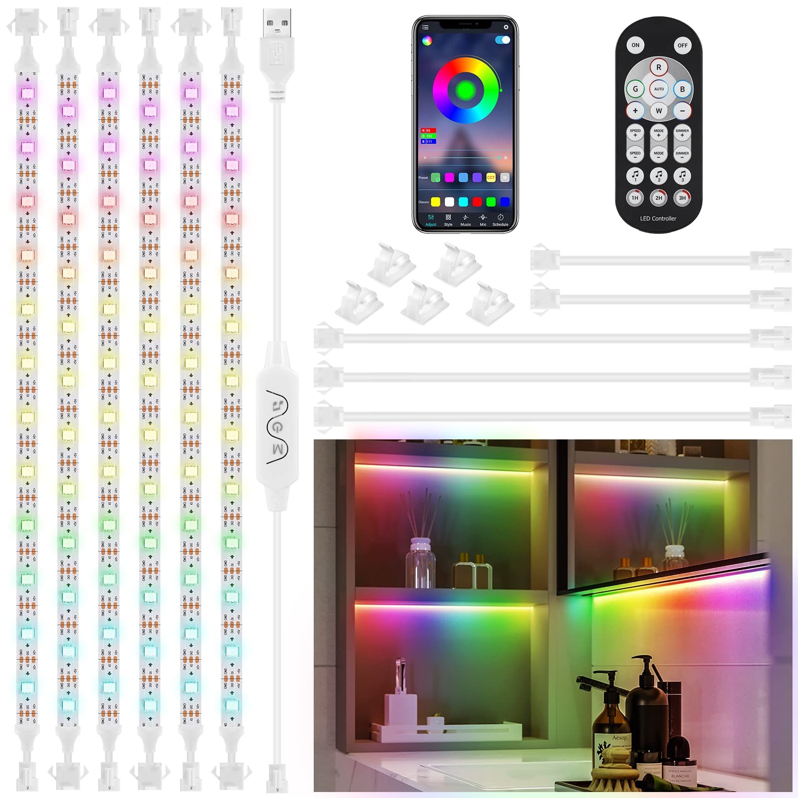 3M Under Cabinet Lights Kit, 6x50CM Music Sync Color Changing LED Strip with RF Remote and APP, Dimmable Flexible Cabinet Lights, USB Under DIY LED Lighting for Counter Shelf Bookcase TV Back