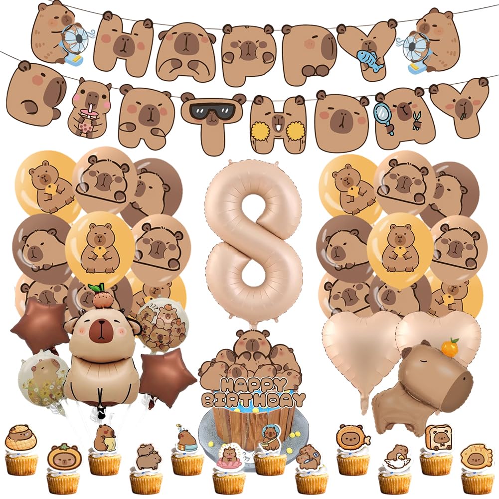 8 Year Capybara Birthday Party Decorations Set, 8th Capybara Happy Birthday Banner Balloon Heart & Star Foil Balloons Cupcake Toppers Cake Decoration Cartoon Birthday Party Supplies for Celebrations