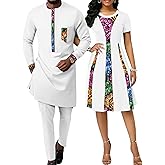 Realwax African Attire for Couple Women Print Wax Crew Neck Dress with Men Dashiki Long Vest Shirt and Pants Sets
