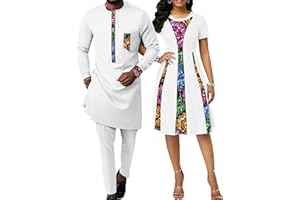 Realwax African Attire for Couple Women Print Wax Crew Neck Dress with Men Dashiki Long Vest Shirt and Pants Sets