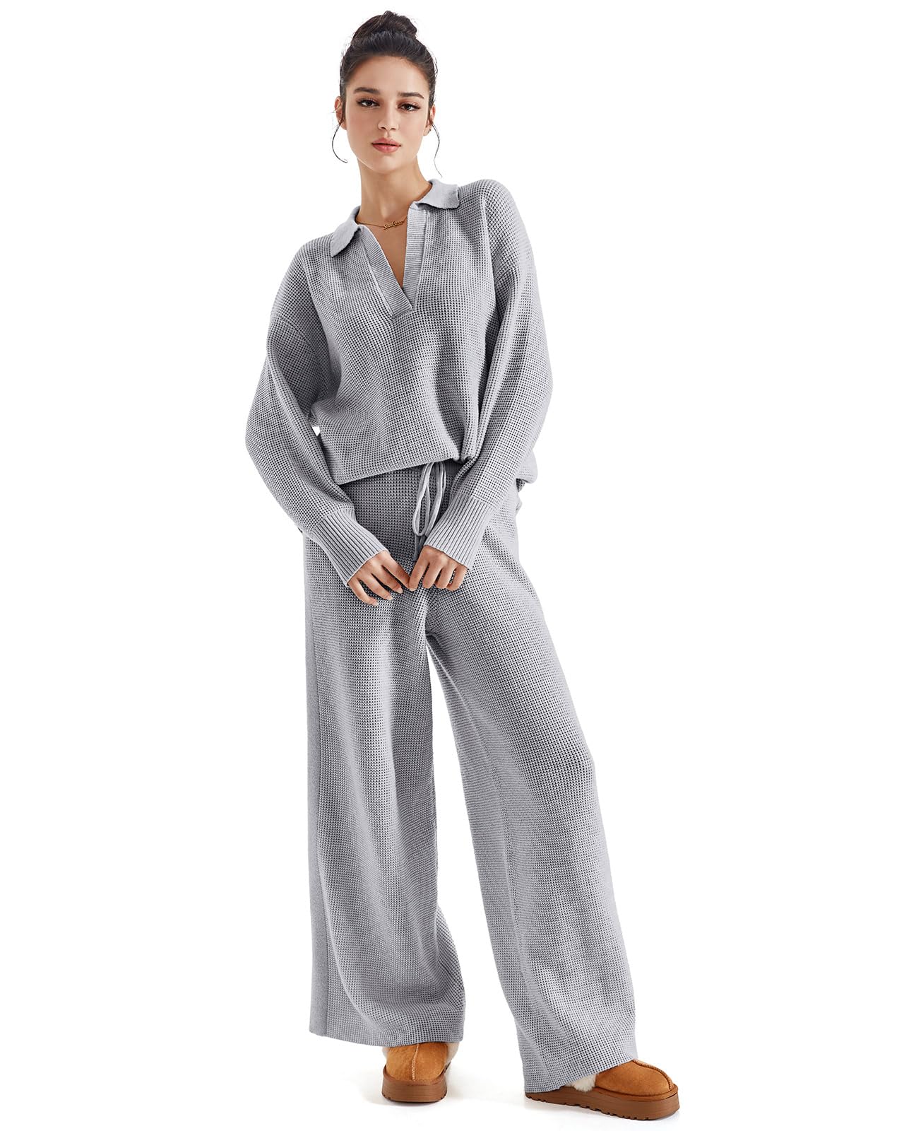 SUUKSESS Women 2 piece Fall outfits Long Sleeve Oversized Matching Lounge Set Waffle Knit Polo Sweater sets (Grey,M) - Image 5