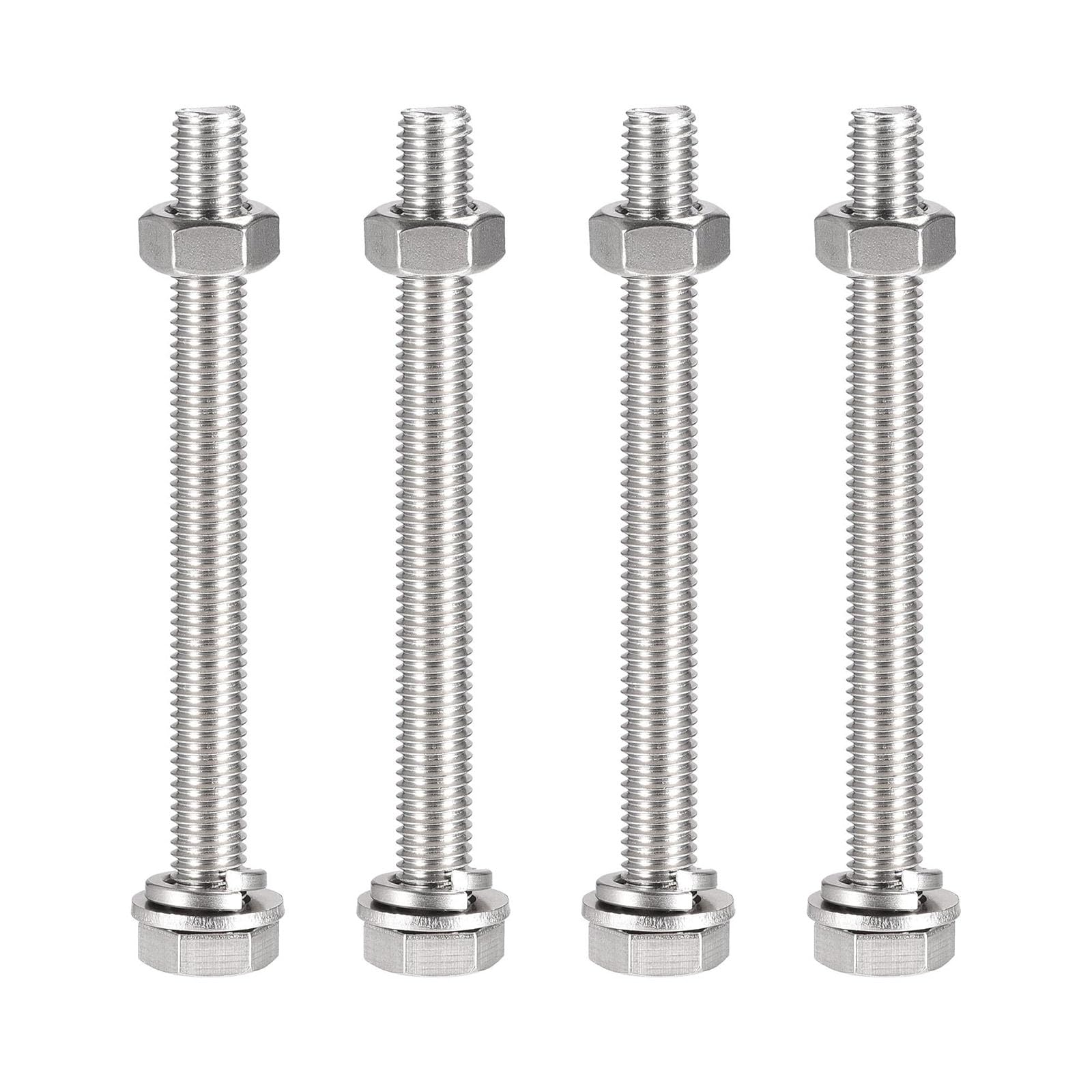 TOP-VIGOR 4Pcs M10 x 110mm Hex Head Screws Bolts, Nuts, Flat & Lock Washers Kits, 304 Stainless Steel Fully Thread Hexagon Bolts for DIY Bike Motorcycles Repair