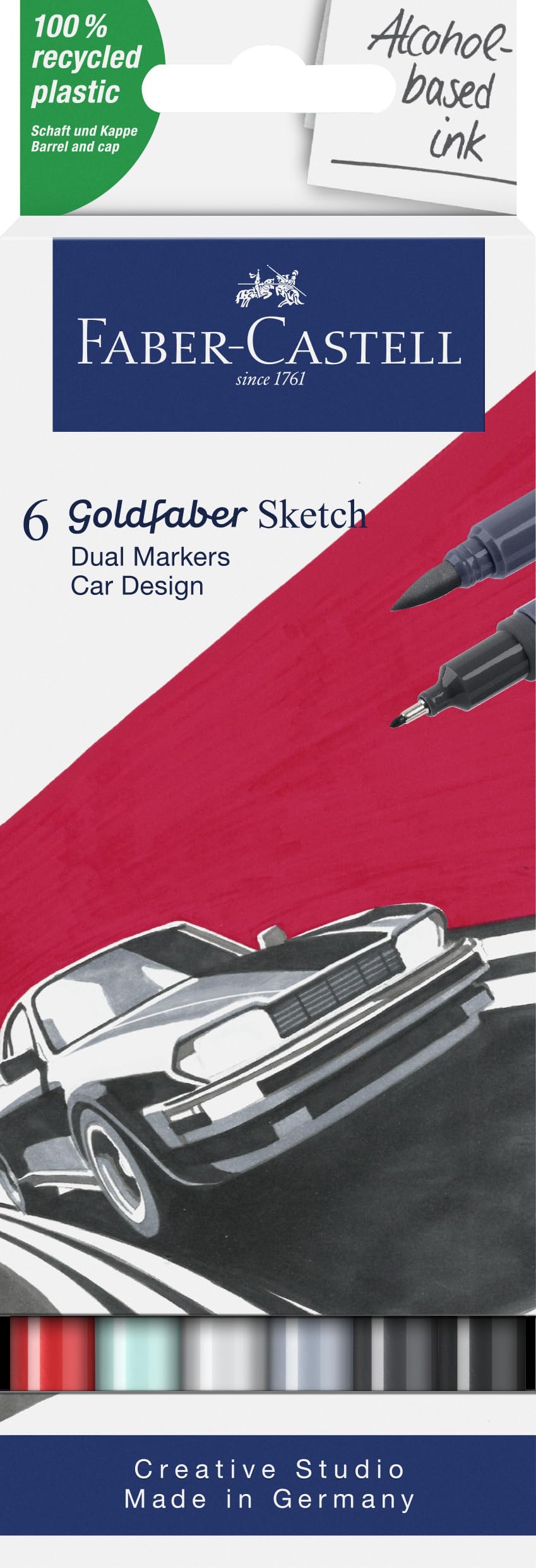 Faber-Castell Goldfaber Sketch Car Design 164813 Marker with Brush Tip and Fineliner Tip (Pack of 6)