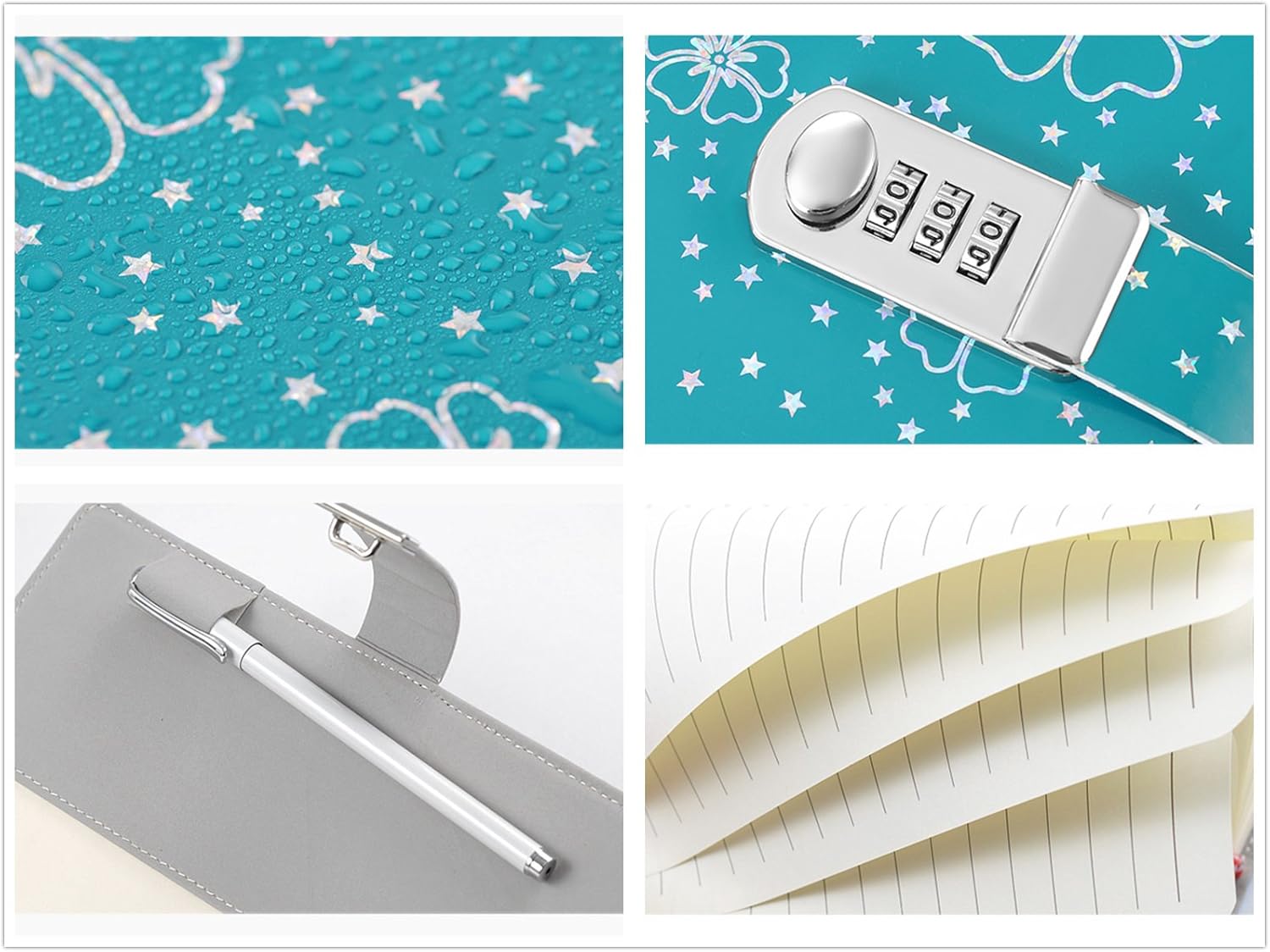 NectaRoy PU Leather Password Notebook Writing Journal Diary with Combination Lock, Flower and Star Pattern - Image 3