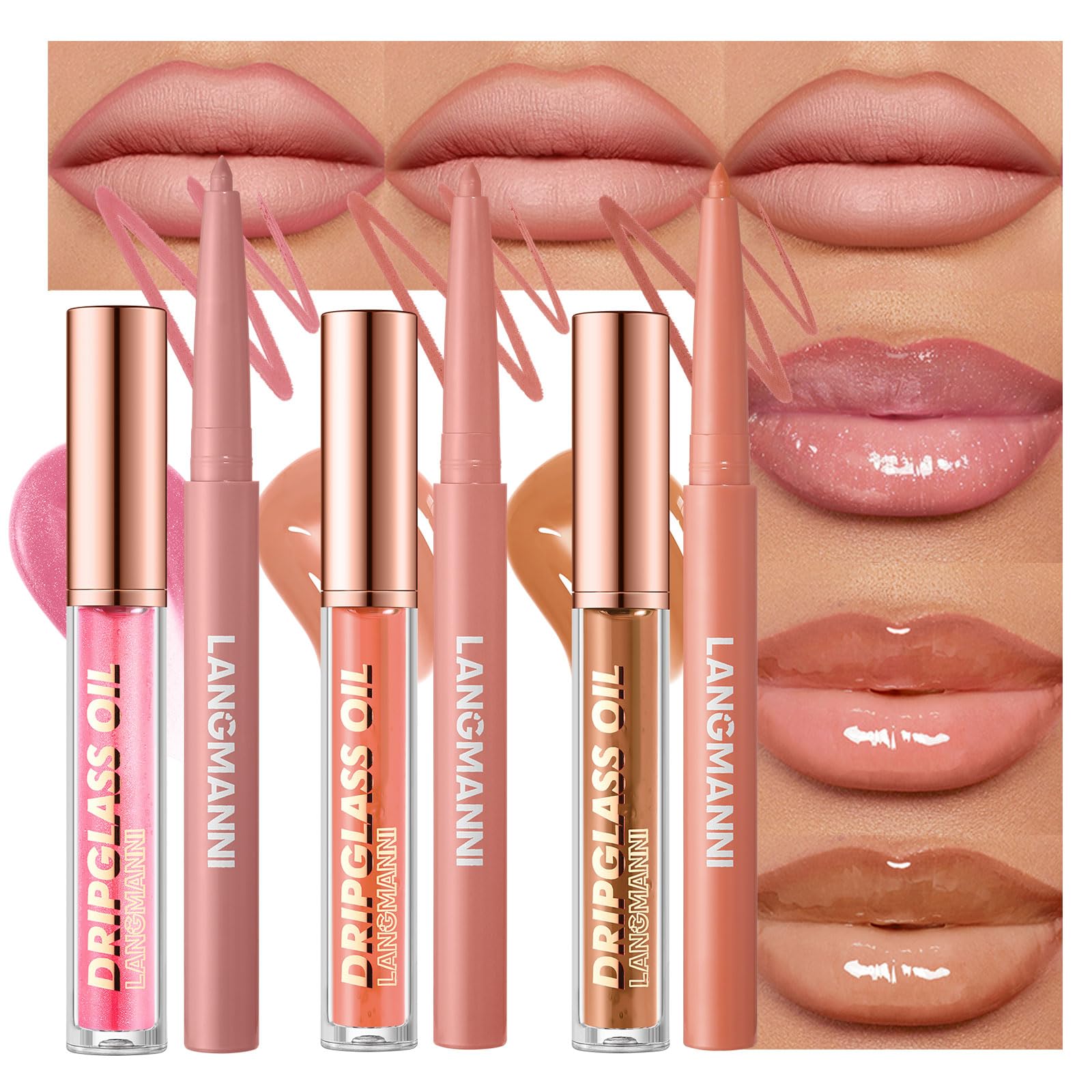 Photo 1 of 6pcs Hydrating Lip Oils + Lip Liner Pencil Lip Combo Sets, 24H Long-Lasting Lip Kit with Lip Liner and Gloss, Nourishing, Non-Sticky Tinted Stain Lip Gloss Plumping Lip Oil Set for Women(Set A)