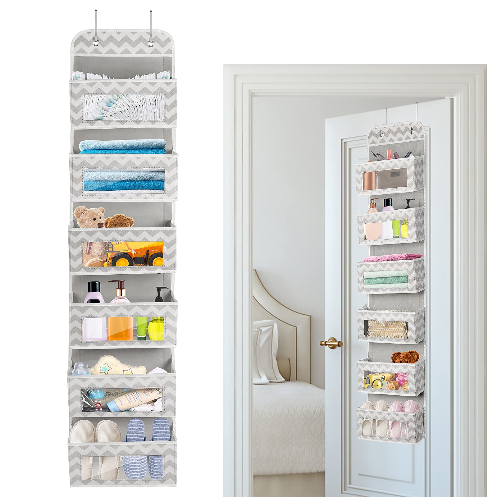 Over The Door Organizer Hanging Storage Bag with 6 Clear Window Pocket Organiser Closet Wardrobe Storage Organizer for Clothes, Lingerie, Toys, Cosmetics, Toiletries, Handbags and More Accessories