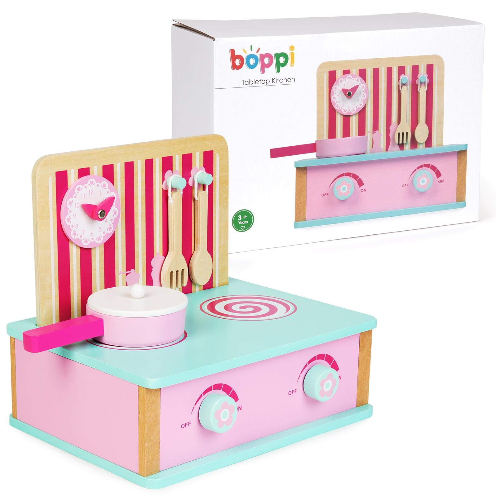 boppi Wooden Tabletop Kids Toy Kitchen Pretend Play Cooker Counter Hob | Cooking Utensil & Saucepan Toys & Accessories for Children 3 Years and Up