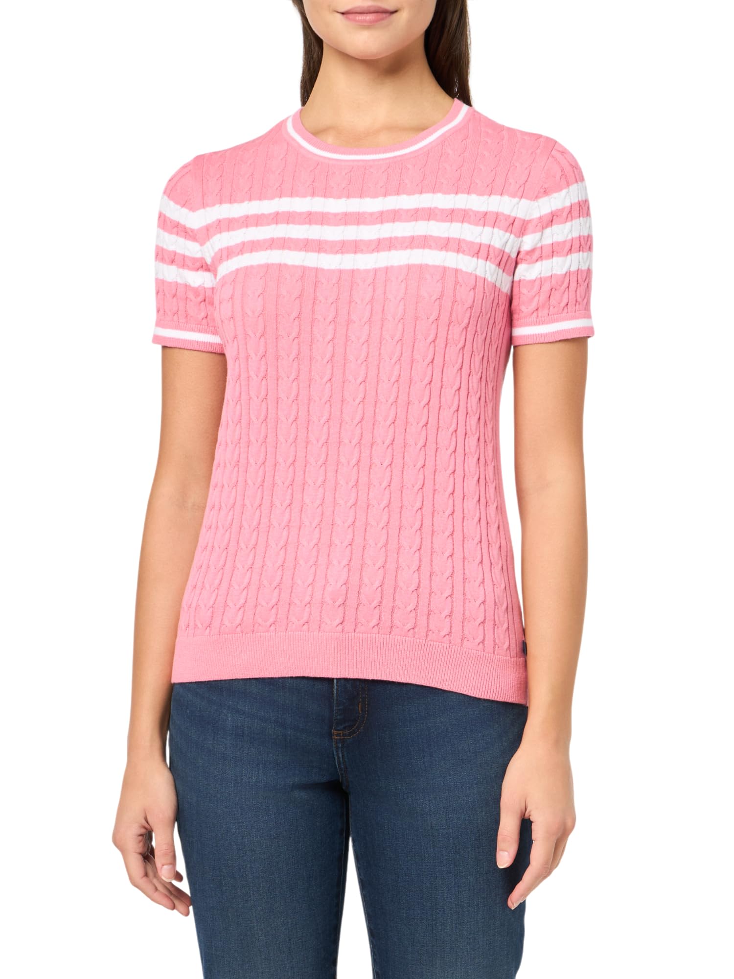 Tommy Hilfiger Women’s Short Sleeve Cable Sweater, Peony/Bright White, Small