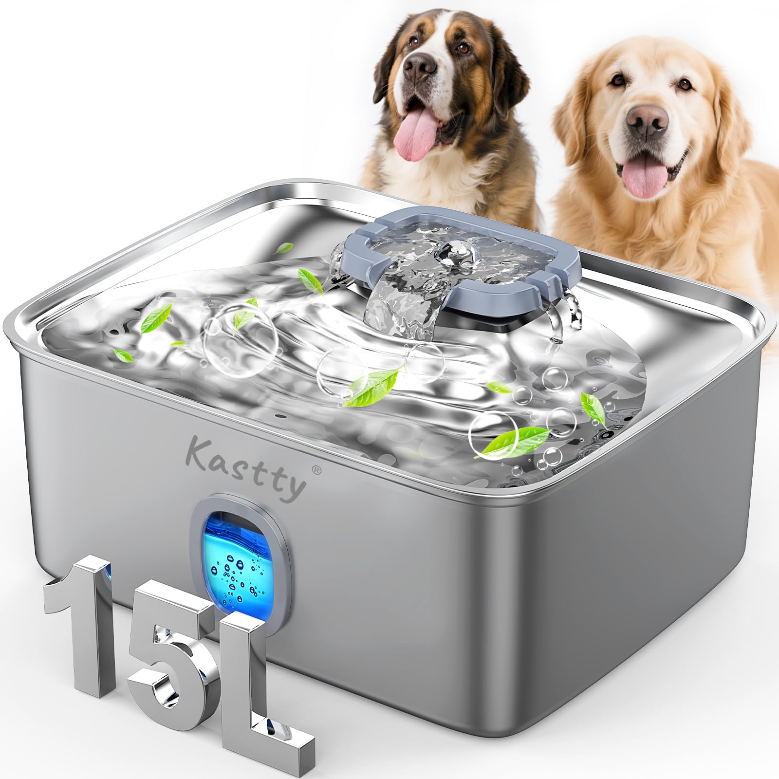 Photo 1 of Kastty 15L/3.96 Gal Stainless Steel Dog Water Bowl Dispenser, Large Capacity Dog Water Fountain Quiet LED Light Triple Filtration BPA-Free, Automatic Pet Water Fountain Easy Cleaning for Pet FS76