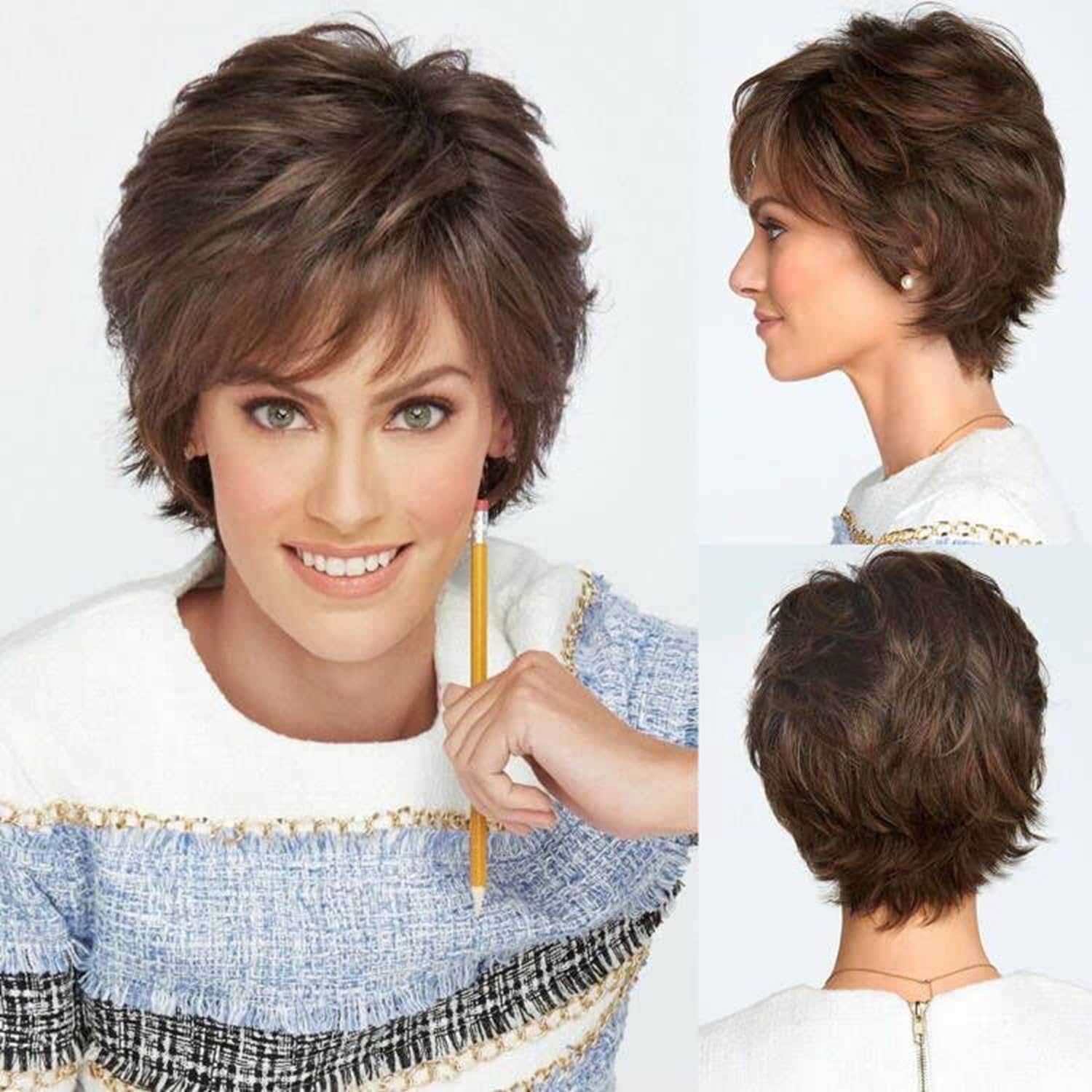 Short Brown Pixie Wig Synthetic Layered Cosplay Hair Full Wigs for Women