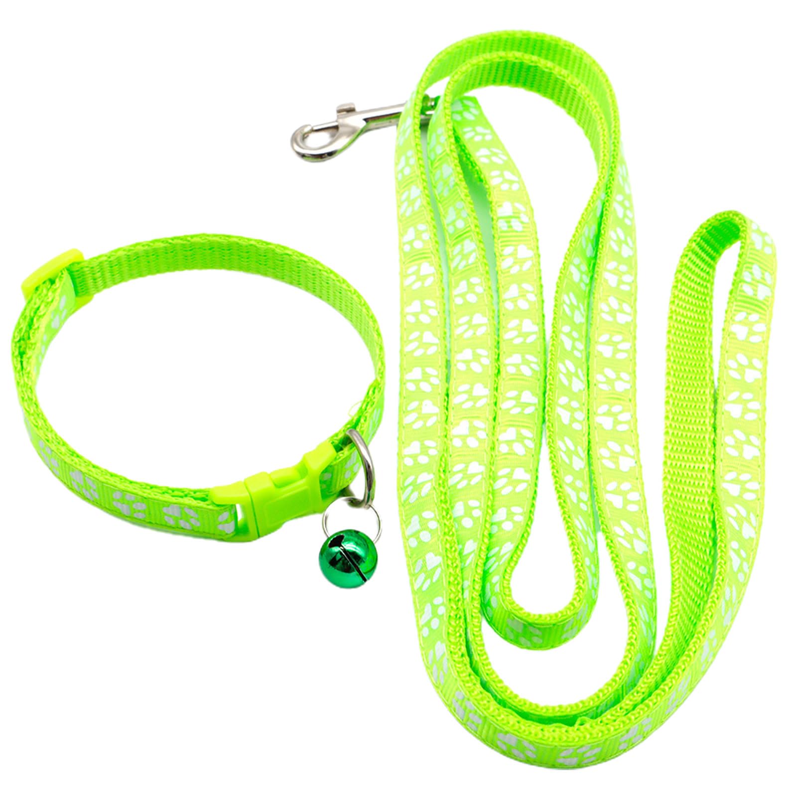 Small Dog Puppy Pet Cat Kitten Lead Pawprint Design Lightweight Nylon Metal Clip Leash Fluorescent Bright Green