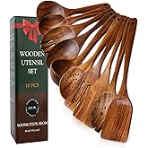 Natural Teak Wood Kitchen Utensil Set - 10 Piece Non-Stick Cooking Spoons & Spatulas, Heat Resistant & Eco-Friendly, Durable Wooden Tools for Nonstick Cookware