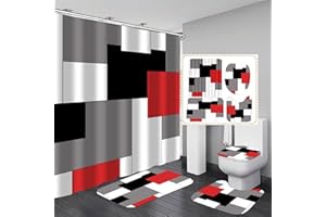 Yizheer Geometric Red Shower Curtain Sets with Non-Slip Rugs,Toilet Lid Cover and Bath Mat, Black and Gray Bathroom Decor Set Accessories Waterproof Shower Curtains