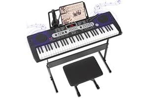 Fenbeli Piano Keyboard for Beginner, 61 Key Electric Keyboard Piano with Keyboard Stand, Piano Bench, Microphone, Headphone, Sheet Music Stand, LED Screen, Dual-Speakers, Teaching Modes (Black)